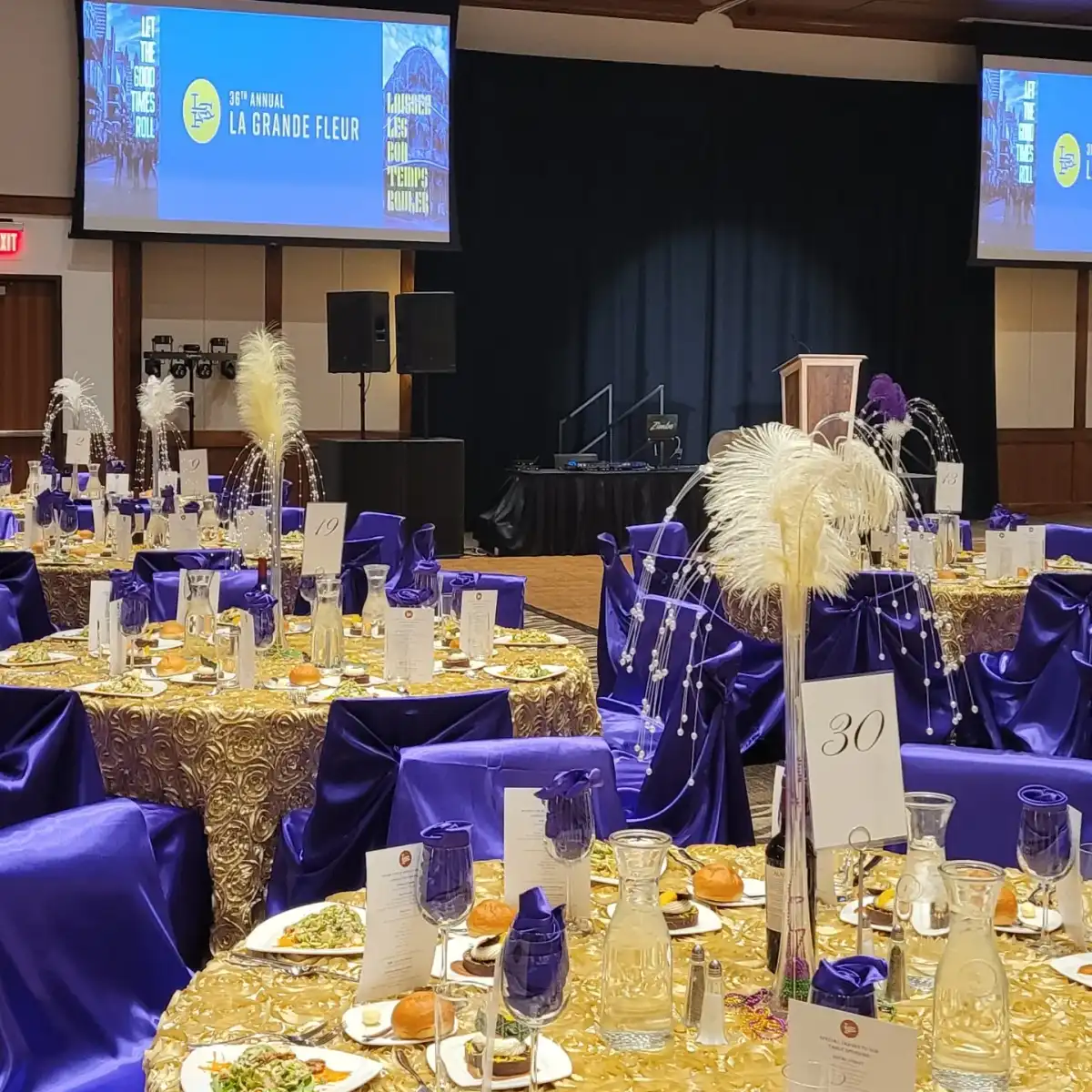 Banquet room set for the La Grande Fleur gala